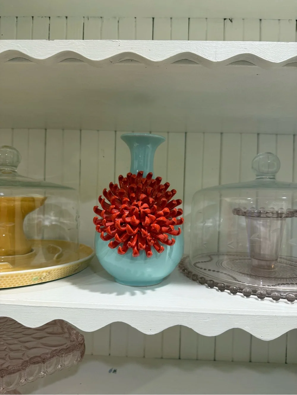 Anthropologie Celadon Blue 3D Red Chrysanthemum Ceramic Vase Rare